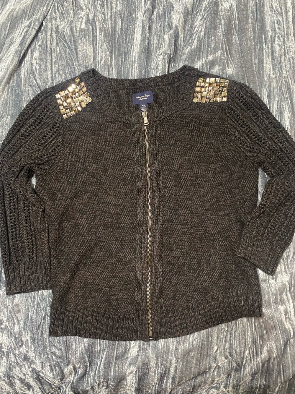 American Eagle Outfitters Dark Zip-Front Sweater with RhinestoneBeaded Shoulders